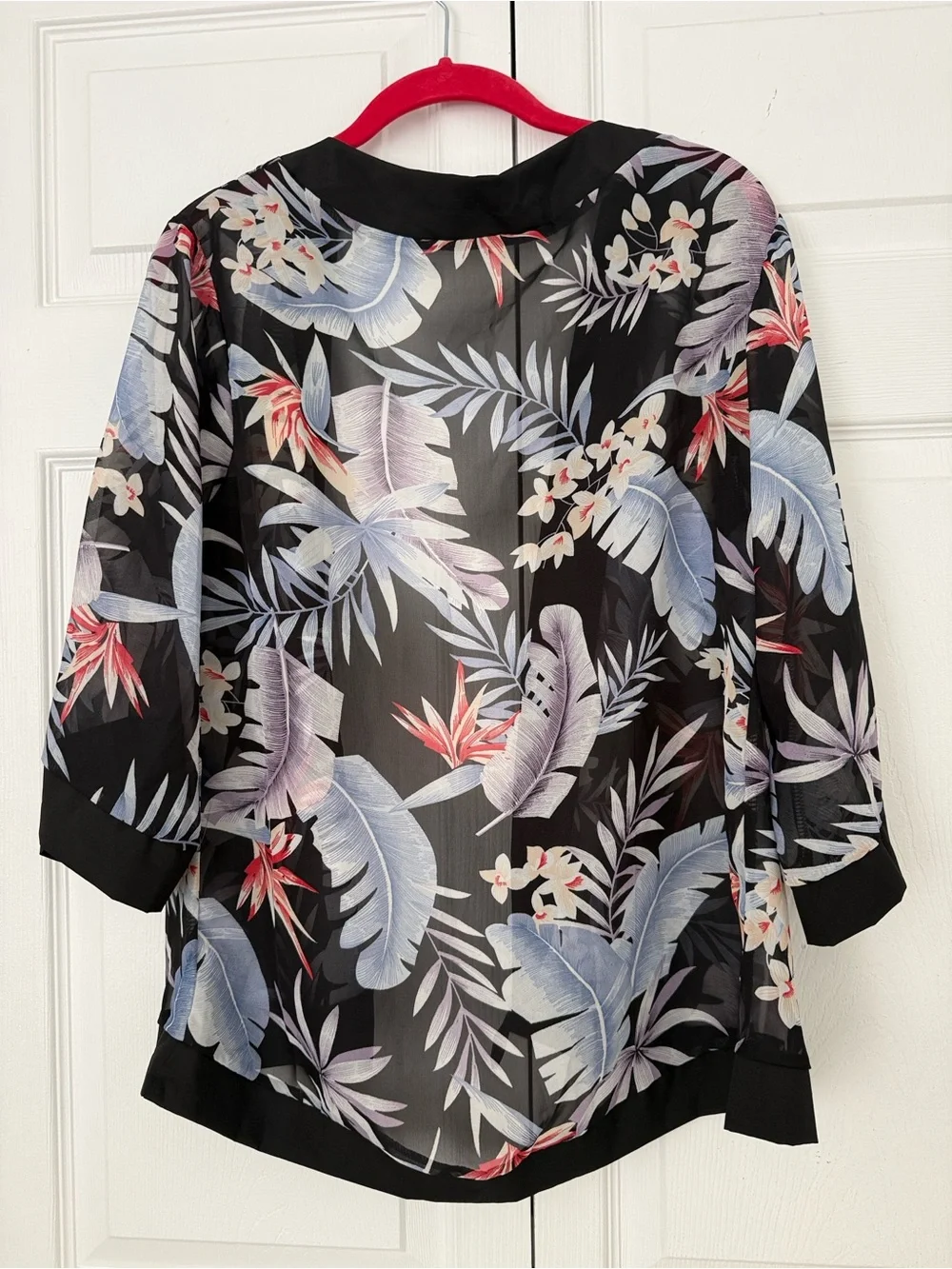 Thailand Sheer Tropical Floral Kimono Black Blue & Red Accents size S/M Coverup